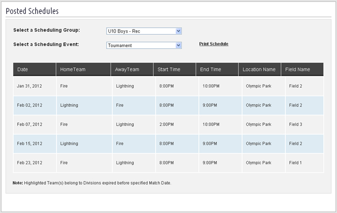 Post Schedules and Rosters to Player's Account Page