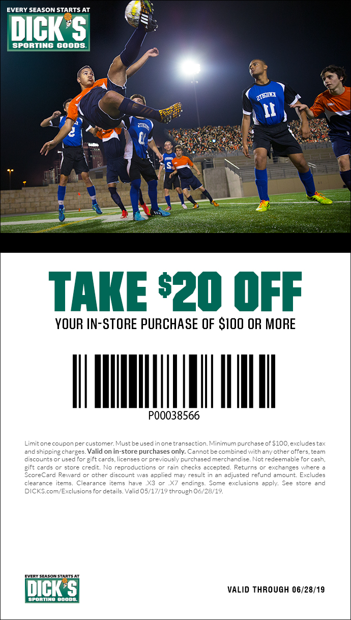 Limit one coupon per customer. Minimum purchase of $100 before sales tax. 
					Total amount of coupon must be redeemed at one time. Cannot be combined with any other offers, coupons, team discounts or Guaranteed In-Stock markdown, or used for 
					licenses or previously purchased merchandise. Coupon valid on in-store purchases only. Not redeemable for cash, gift cards or store credit. No reproductions or 
					rain checks accepted. Returns or exchanges where a ScoreCard Reward or other discount was applied may result in an adjusted refund amount. Excludes firearms, 
					ammunition, Shimano, St. Croix, G. Loomis, Eureka!, Gregory, Hurley, O’Neill, Diamondback, Under Armour (except footwear), The North Face, Patagonia, select 
					Nike tennis apparel, Nike Pro Combat, Nike Legend tee, Jordan, Nike Air Pegasus +30, select Asics footwear, Brooks and Mizuno footwear, Ugg Australia, Burton, 
					Marmot, Spyder, Columbia, Quiksilver, Roxy, Billabong, NFL jerseys, Volcom, Babolat, PING, Titleist, Mizuno Golf, and select FootJoy, Callaway, Cleveland, Odyssey, 
					Cobra, Nike Golf, TaylorMade, select golf footwear, championship merchandise, all bats 194.99 or more, all ball gloves 169.99 or more, Bauer Hockey, Easton 
					Sports- D370 Hockey, FoxPro, Reebok CCM / Reebok Hockey, Mission Roller Hockey, Simms, Thule, Van Staal and Yakima. Some additional exclusions may apply. 
					See store for details